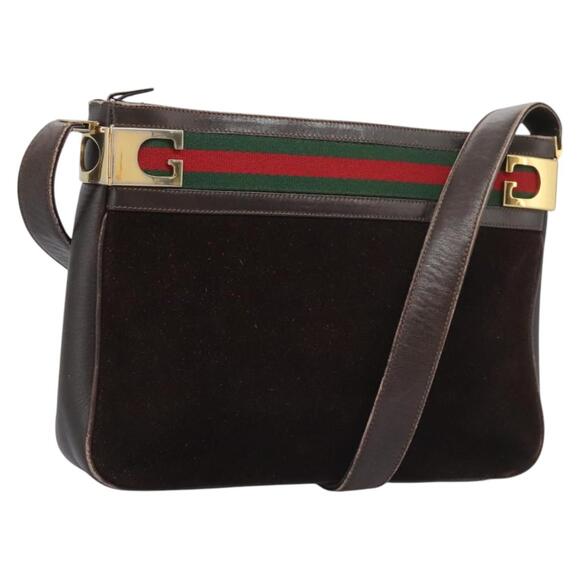 GUCCI Web Sherry Line Shoulder Bag Suede Leather Brown Gold Red - Picture 1 of 16